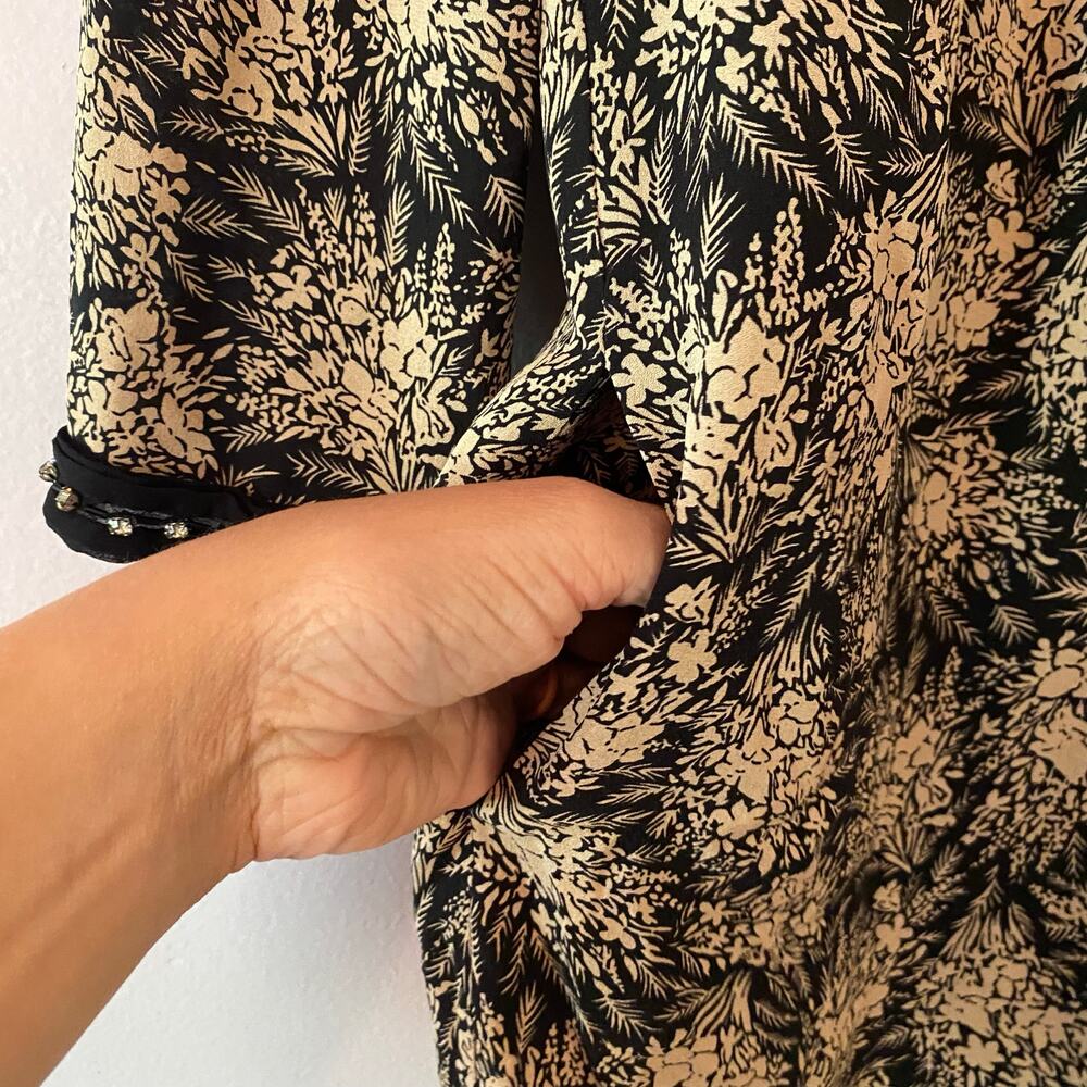 3.1 Phillip Lim Black Tan Floral Beaded Neck Silk 3/4 Sleeve Shift Dress size 2 - Picture 5 of 11